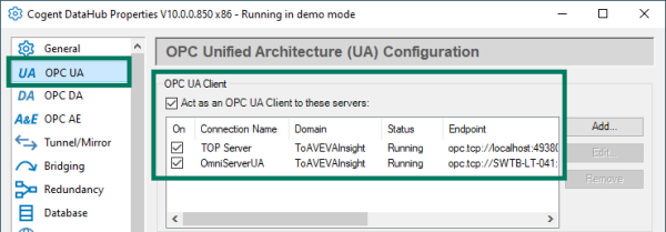 1_Screenshot_DataHub_OPCUA_2Servers