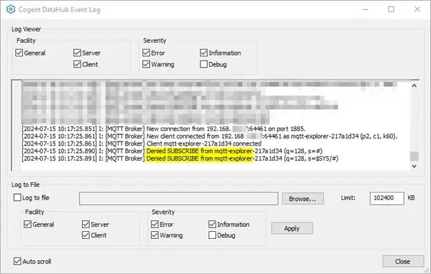 Cogent DataHub Event Log