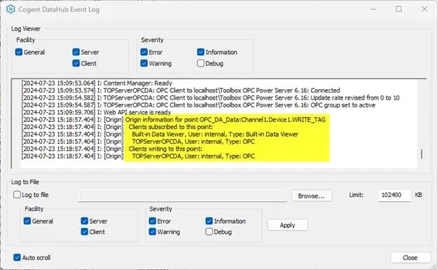 Cogent DataHub OPC Event Log