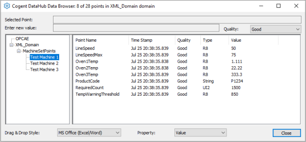 Screenshot - Viewing XML data points in DataHub View Data window