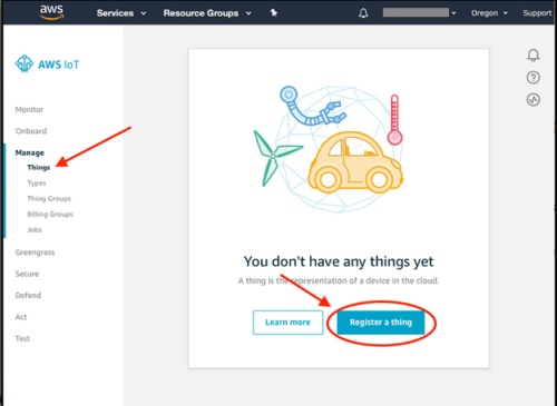Screenshot - Registering a new thing in AWS IoT Core