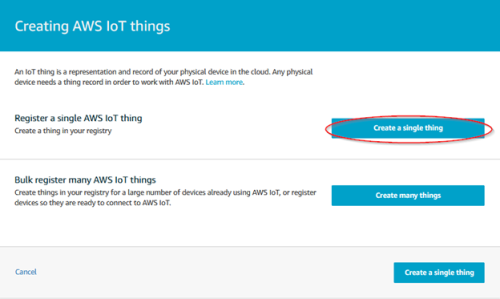 Screenshot - Creating a single thing in AWS IoT Core