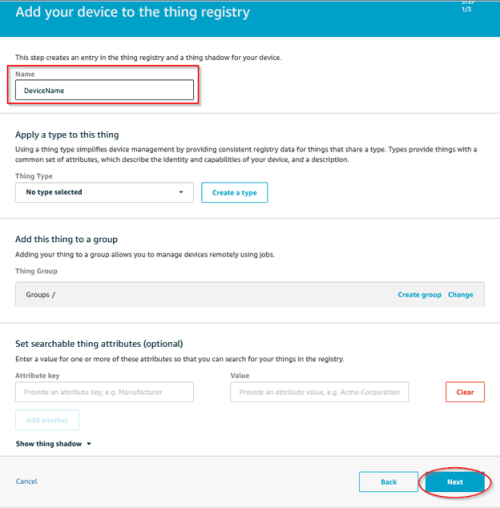 Screenshot - Adding AWS thing to the registry