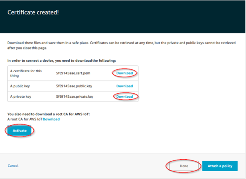 Screenshot - Download certificate and private key for AWS thing