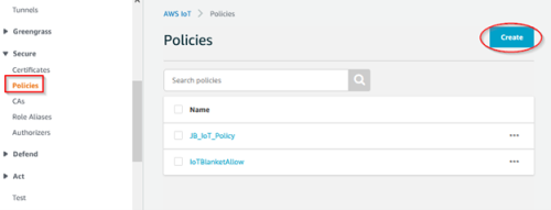 Screenshot - Creating a new policy for AWS thing