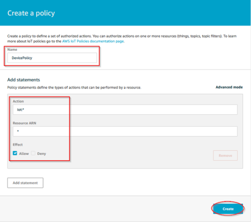 Screenshot - Defining policy settings for AWS thing_AWS_ThingSettings5_CreatePolicy