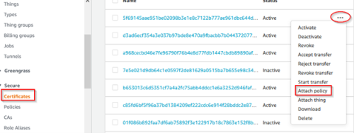Screenshot - Attaching new policy to AWS thing certificate