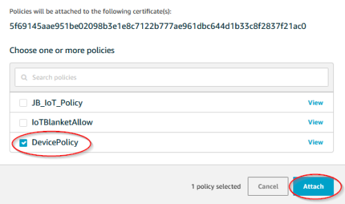 Screenshot - Selecting and attaching policy to an AWS thing certificate_AWS_ThingSettings7_SelectPolicy_to_AttachCert