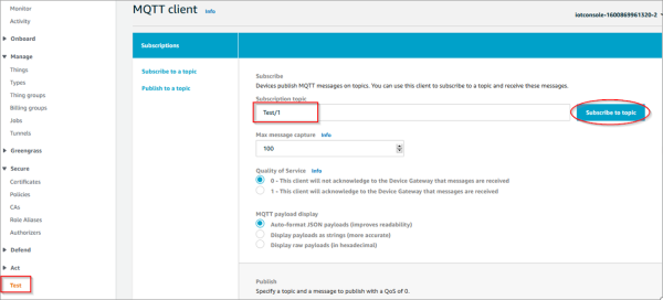Screenshot - Subscribing to an MQTT topic with AWS MQTT client