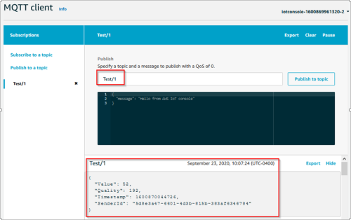 Screenshot - Publishing to an MQTT with AWS MQTT client
