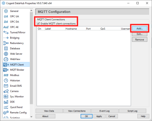 Screenshot - Add a new MQTT Client connection in DataHub