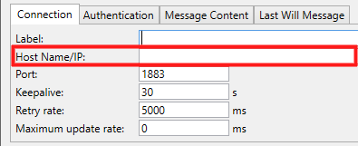 Screenshot - Defining the Host Name / IP for MQTT Connection to AWS_DataHub_BlankMQTTConnection