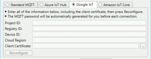 Screenshot - Google IoT specific settings in DataHub MQTT Client