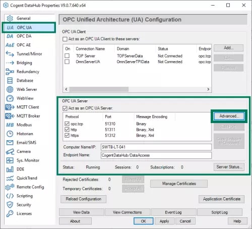 Screenshot - DataHub OPC UA Server Settings