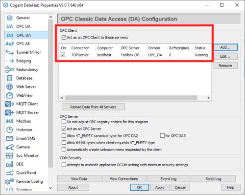 Screenshot - Accessing data from OPC DA server in DataHub