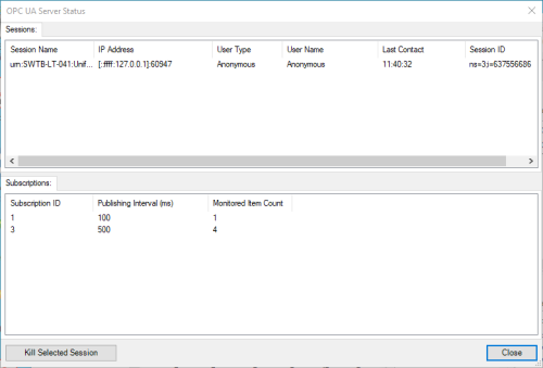 Screenshot - DataHub OPC UA Server Status window