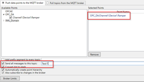 Screenshot - Selecting data to push to AWS via MQTT