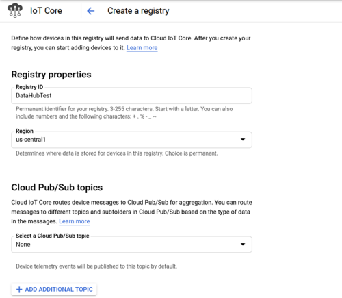 Screenshot - Defining Registry details in Google Cloud IoT Core