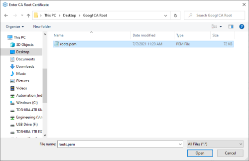 Screenshot - Selecting Google CA Root certificate in DataHub