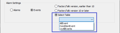 Screenshot - Table Select for FactoryTalk View SE Historical Alarms and Events