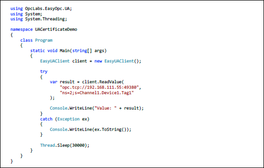 Example - Hard coded OPC UA Server endpoint URL and Node ID
