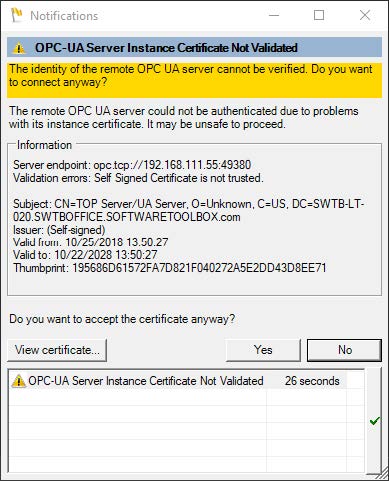 Screenshot - Warning when OPC UA certificates have not been exchanged yet