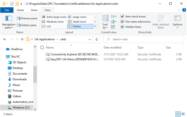 Screenshot - OPC UA Certificates Directory