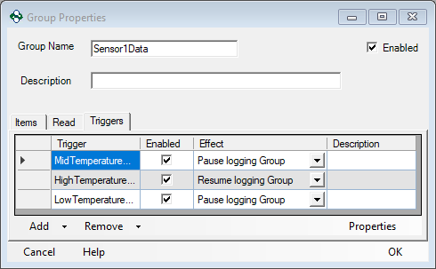 Screenshot - Triggers for High Temp Range Logging Group