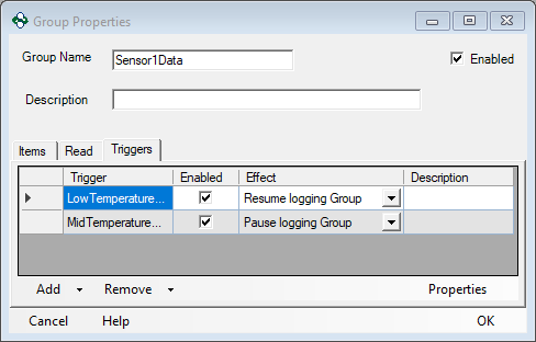 Screenshot - Triggers for Low Temp Range Logging Group
