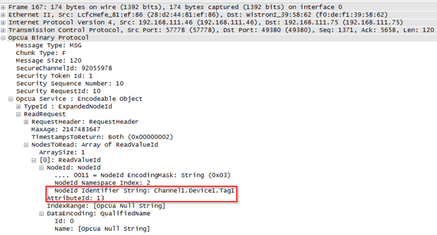 Example OPC-UA Request in Wireshark