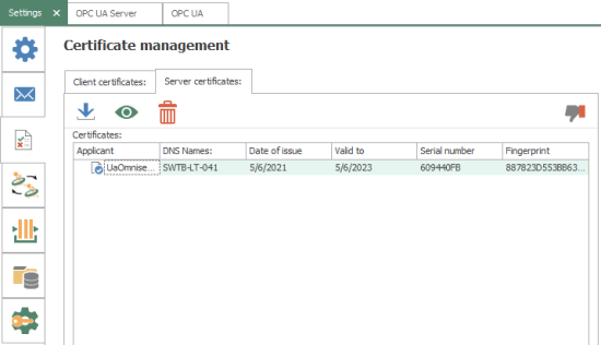 Screenshot - OPC Router Certificate Management for external OPC UA client/servers