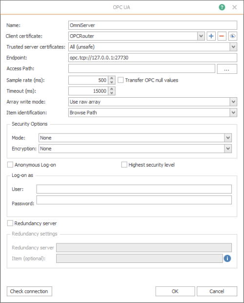 Screenshot - OPC Router OPC UA Plug-in Instance Settings