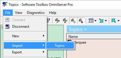 Screenshot - OmniServer CSV Topic Import via File Menu