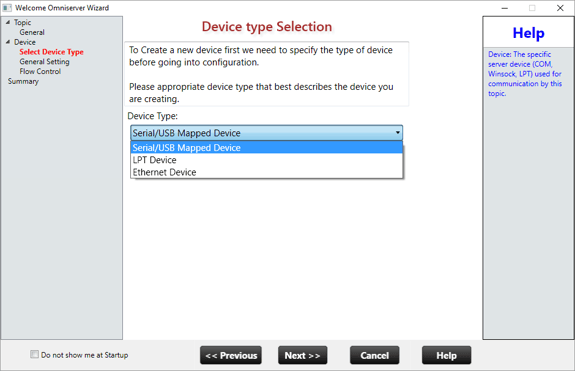OmniServer Wizard - Selecting New Device Type
