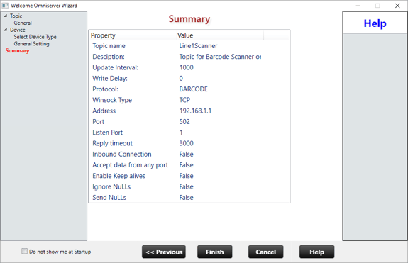 OmniServer Topic Wizard - Summary of Settings