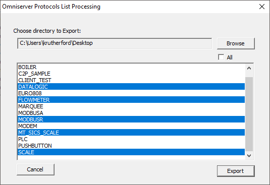 Screenshot - OmniServer Export Protocols Dialog