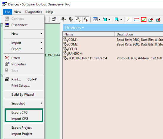 Screenshot - OmniServer CFG Import & Export File Menu options