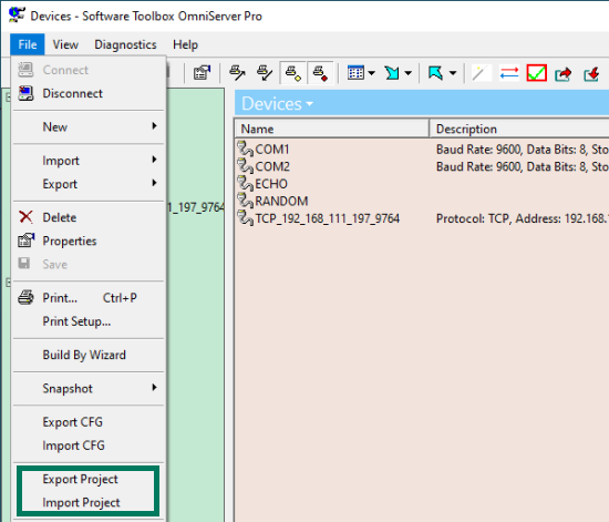 Screenshot - OmniServer Project Import & Export File Menu options