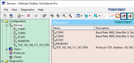 Screenshot - OmniServer Project Import/Export Toolbar Buttons
