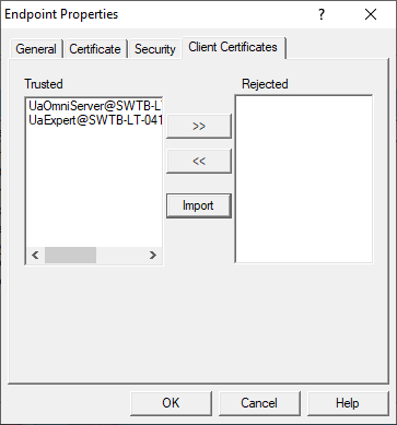 Screenshot - Managing trusted and rejected OPC UA clients in OmniServer