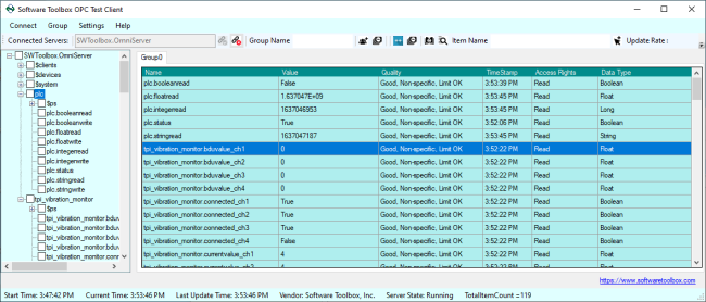 Screenshot - Software Toolbox OPC Test Client