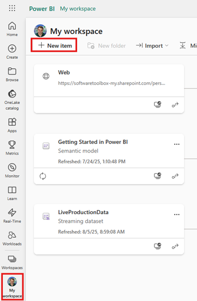 Log in to Power BI at https://app.powerbi.com. From the sidebar, select “My workspace” at the bottom.