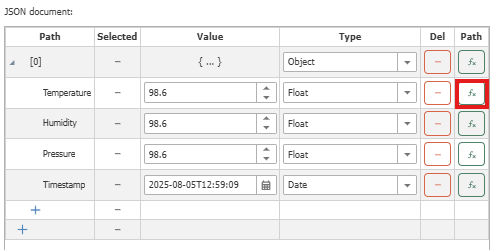 Click Edit and define the structure by creating fields (e.g., temperature, timestamp). &nbsp;Click the “fx” button on each value to create the fields.