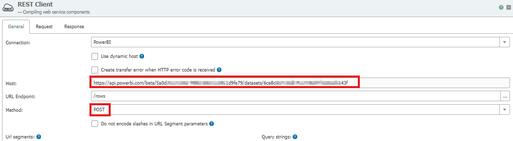 URL Endpoint: /rows Parameters: experience = power-bi key = (your decoded key) Set parameter type to QueryString Method: POST
