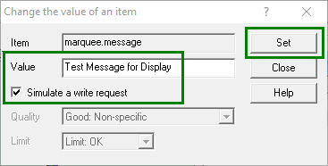 Simulating an Item Write using OmniServer Item Values Window