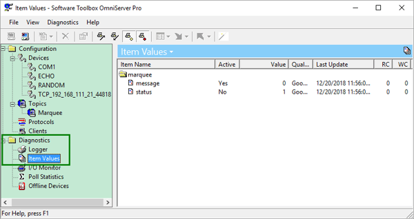 OmniServer Item Values Diagnostic Window