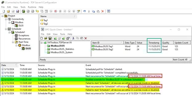 TOP Server Scheduler Real Time Override Event Log
