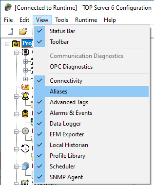 Screenshot - Showing or hiding the TOP Server Alias Map