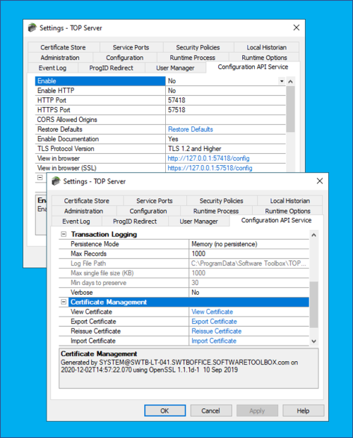 Screenshots - TOP Server Configuration API Settings