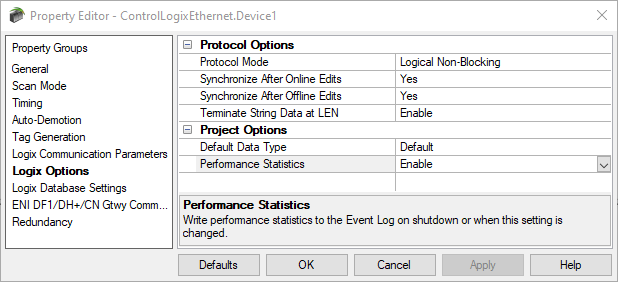 Screenshot - Enable Logix Performance Statistics